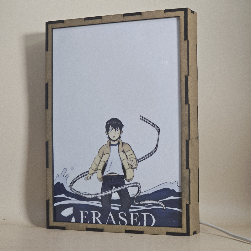 Lámpara ánime/manga  Erased  con doble imagen del personaje Satoru Fujinuma, vista apagada, se esconde la imágen de atras.