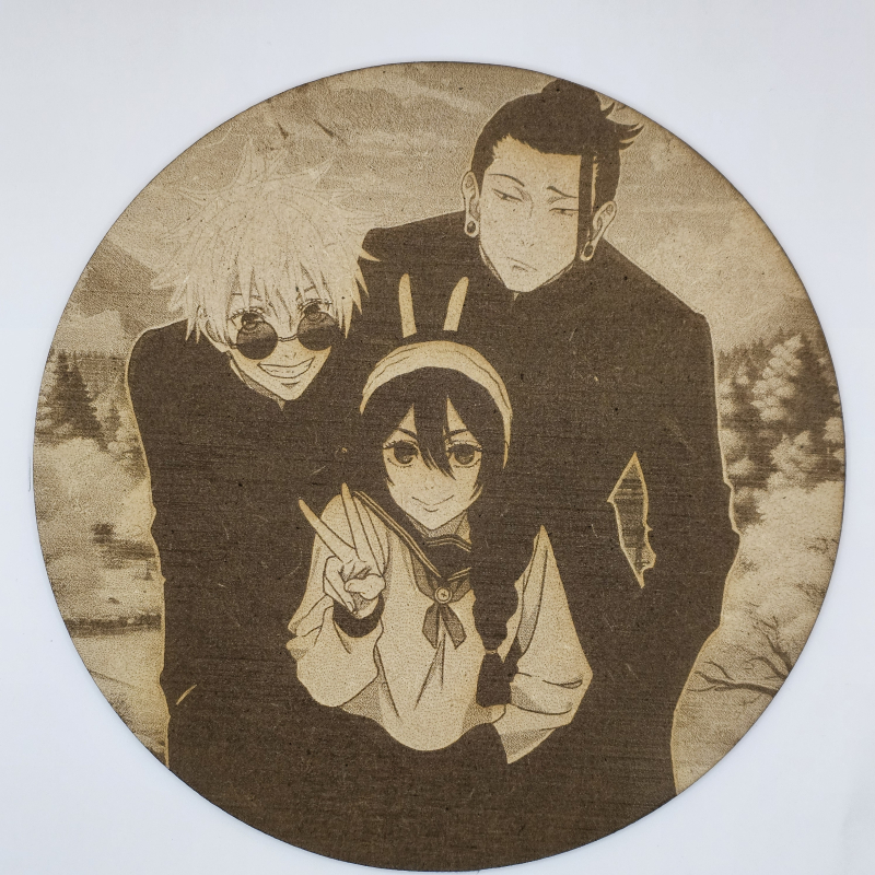 Cuadro decorativo MDF grabado láser estilo anime manga de Satoru Gojo, Suguru Geto y Riko Amanai