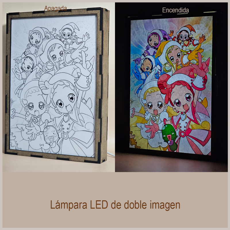 Lámpara ánime/manga  Magical Doremi  con doble imagen del grupo Doremi Harukaze, Momoko Asuka, Hana Makihatayama, Aiko Senoo, Onpu Segawa, Hazuki Fujiwara y Lala, vista apagada y encendida, donde se revela la ilustración completa al encender la luz LED.