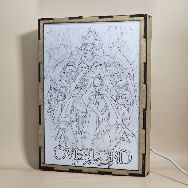 Lámpara ánime/manga  Overlord  con doble imagen del grupo Shalltear Bloodfallen, Aura Bella Fiora, Mare Bello Fiore, Demiurge, Cocytus, Sebas Tian, Momonga y Albedo, vista apagada, se esconde la imágen de atras.