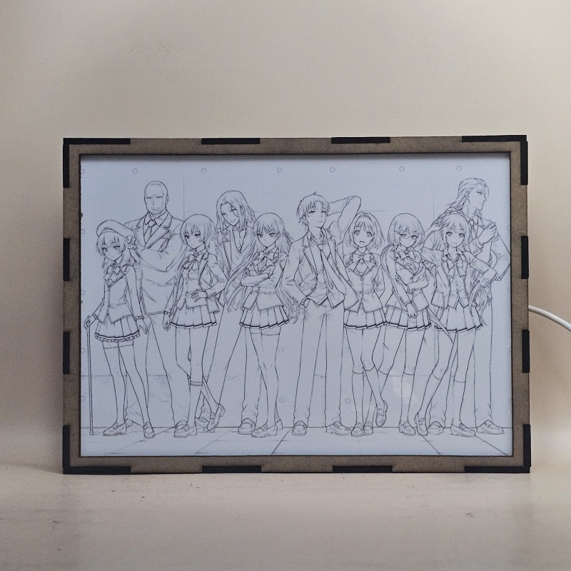 Lámpara ánime/manga  Classroom of the Elite  con doble imagen del grupo Kiyotaka Ayanokōji, Arisu Sakayanagi, Kohei Katsuragi, Mio Ibuki, Kakeru Ryūen, Suzune Horikita, Kikyo Kushida, Airi Sakura, Honami Ichinose y Rōen Kōenji, vista apagada, se esconde la imágen de atras.