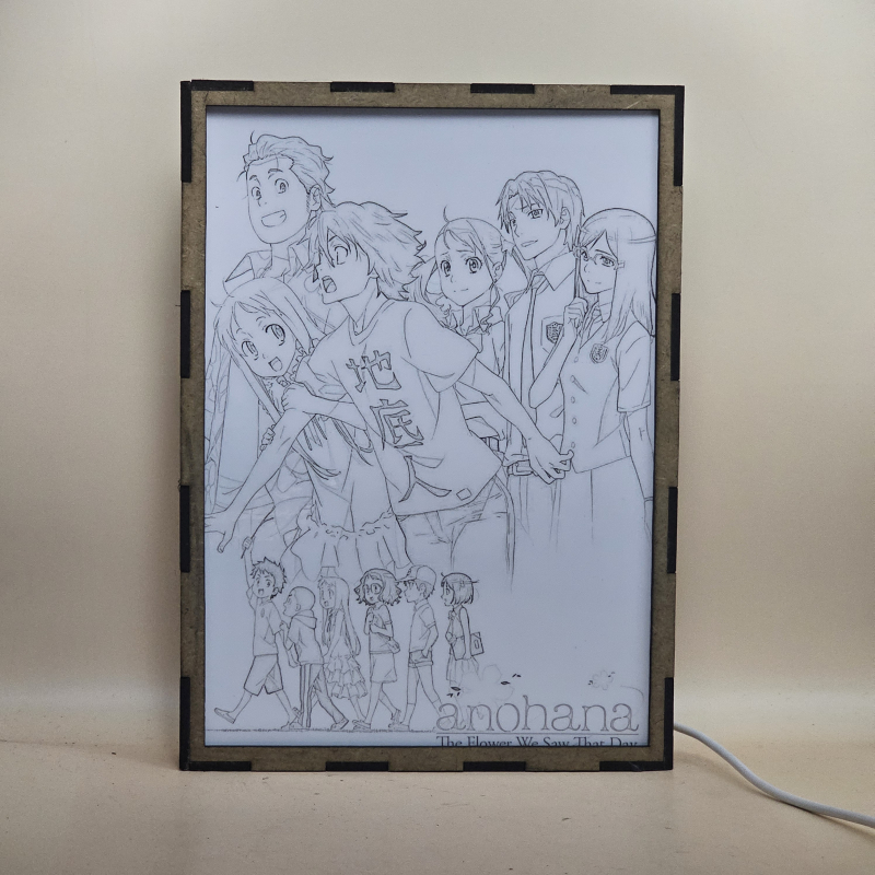 Lámpara ánime/manga  Anohana  con doble imagen del grupo Jintan, Menma, Anaru, Yukiatsu, Tsuruko y Poppo, vista apagada, se esconde la imágen de atras.