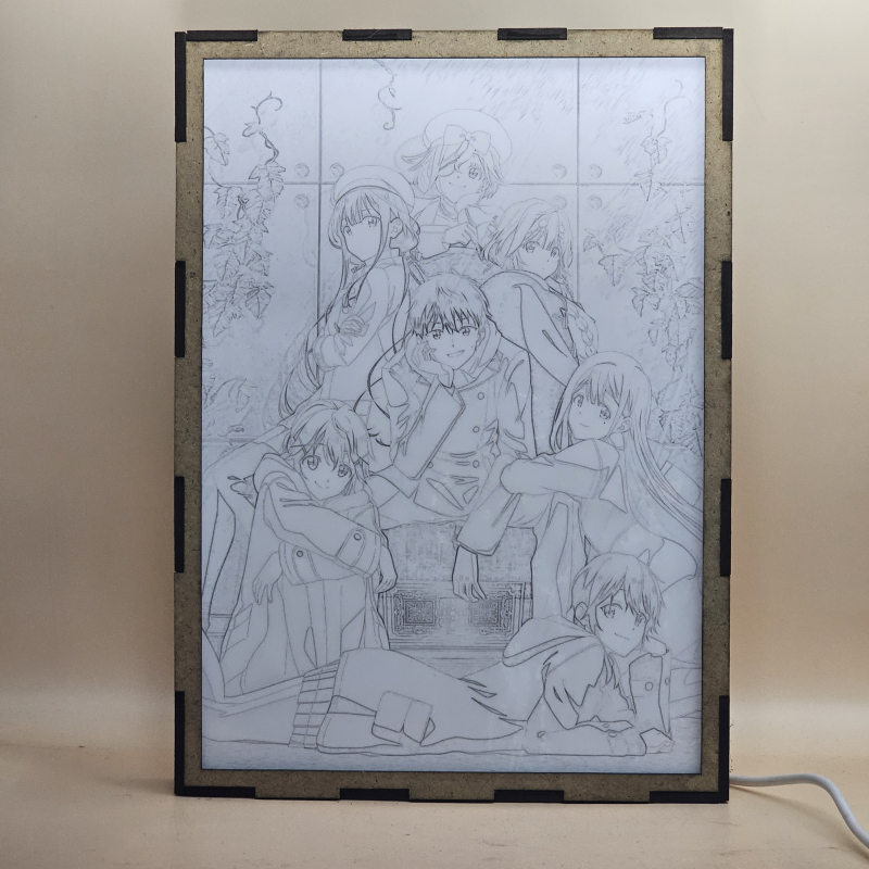 Lámpara ánime/manga  Masamune-kun no Revenge  con doble imagen del grupo Aki Adagaki, Muriel Besson, Neko Fujinomiya, Masamune Makabe, Yoshino Koiwai, Tae Futaba y Kojuro Shuri, vista apagada, se esconde la imágen de atras.