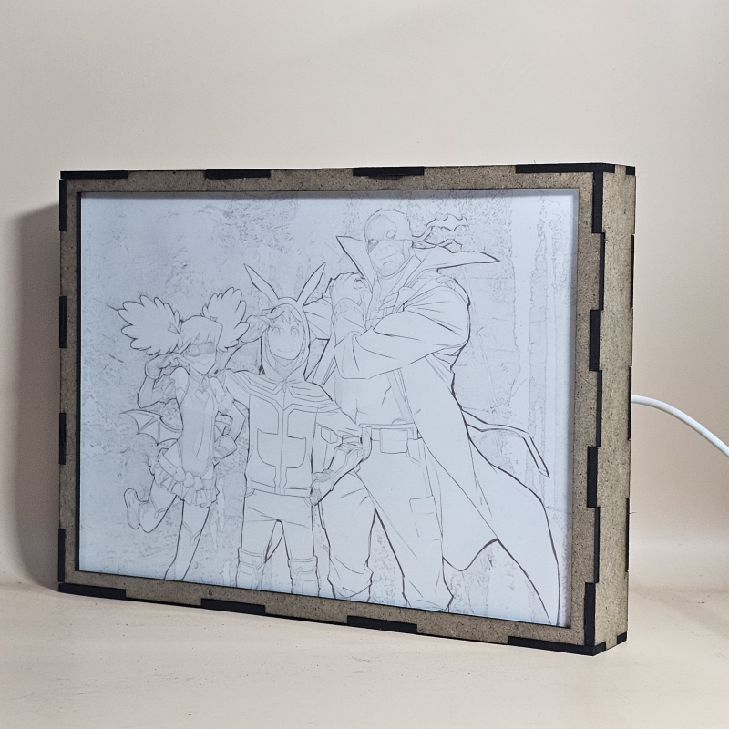 Lámpara ánime/manga  My Hero Academia: Vigilantes  con doble imagen del grupo Koichi Haimawari, Kazuho Haneyama y Iwao Oguro, vista apagada, se esconde la imágen de atras.