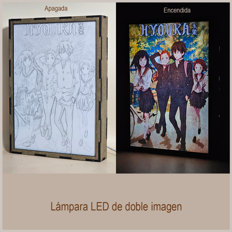 Lámpara ánime/manga  Hyouka  con doble imagen del grupo Eru Chitanda, Satoshi Fukube, Houtarou Oreki y Mayaka Ibara, vista apagada y encendida, donde se revela la ilustración completa al encender la luz LED.