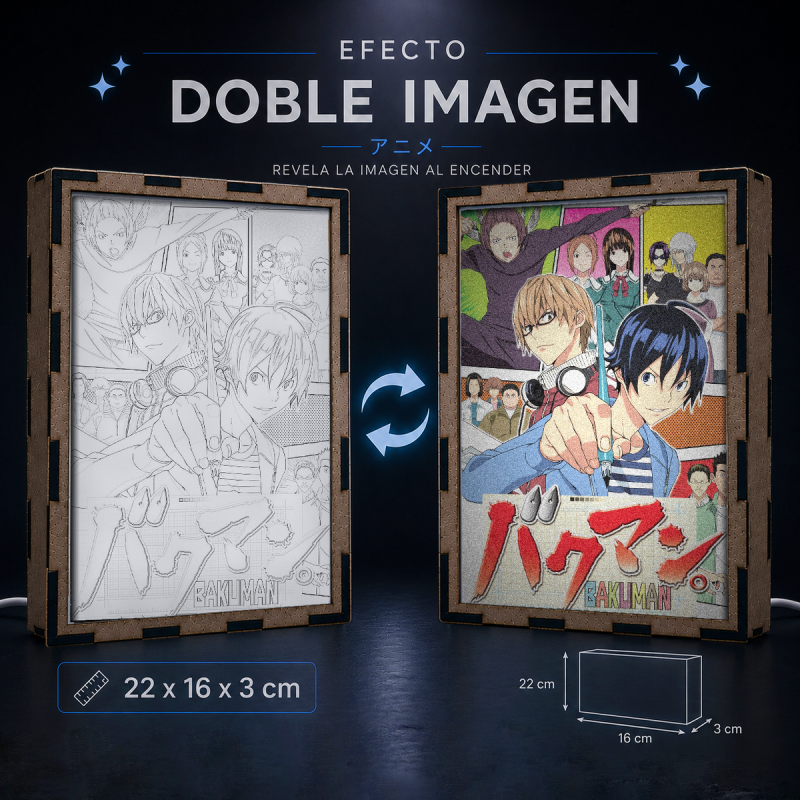 Lámpara LED de Bakuman con Moritaka Mashiro y Akito Takagi en una composición de viñetas