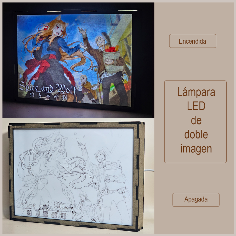 Lámpara ánime/manga  Spice and Wolf  con doble imagen del grupo Holo, Kraft Lawrence y Elsa Schieri, vista apagada y encendida, donde se revela la ilustración completa al encender la luz LED.