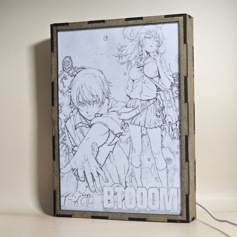 Lámpara ánime/manga  Btooom!  con doble imagen de la pareja Ryōta Sakamoto y Himiko, vista apagada, se esconde la imágen de atras.