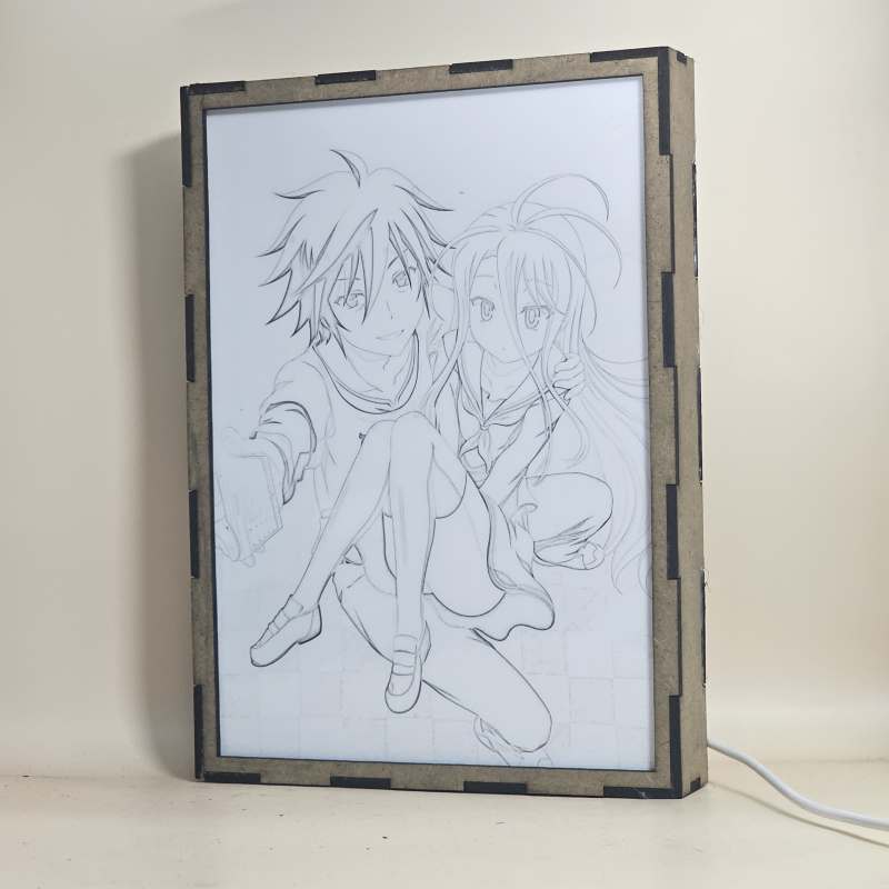 Lámpara ánime/manga  No Game No Life  con doble imagen de la pareja Sora y Shiro, vista apagada, se esconde la imágen de atras.