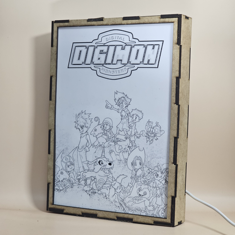 Lámpara ánime/manga  Digimon  con doble imagen del grupo Tai, Matt, Sora Takenouchi, Izzy, Mimi Tachikawa, Jou, T.K. y Kari, vista apagada, se esconde la imágen de atras.