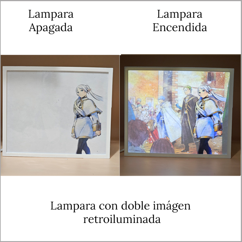 Lámpara ánime/manga  Frieren  con doble imagen del grupo Frieren, Himmel y Heiter, vista apagada y encendida, donde se revela la ilustración completa al encender la luz LED.