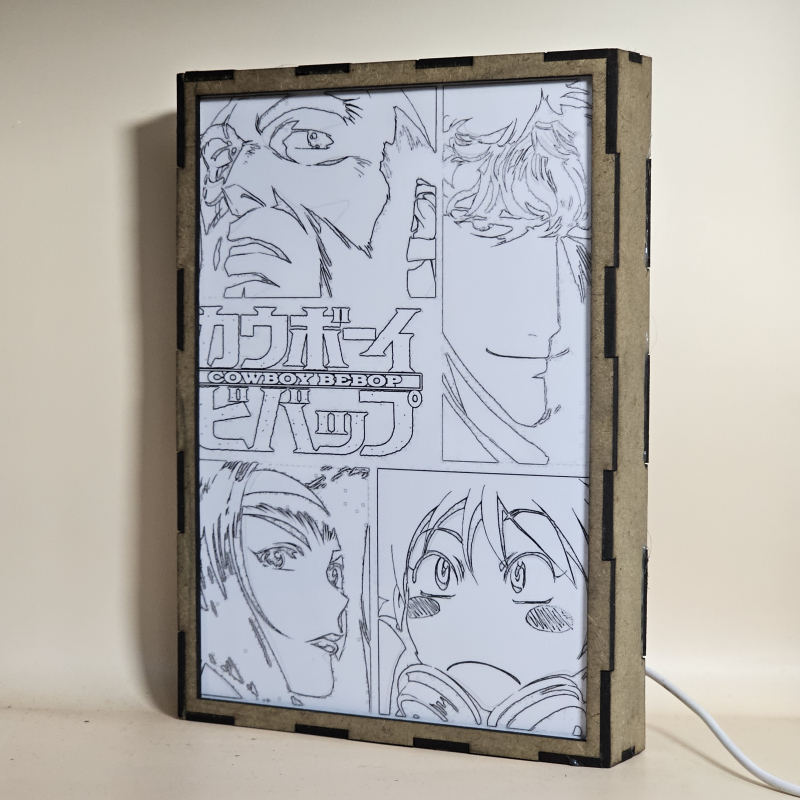 Lámpara ánime/manga  Cowboy Bebop  con doble imagen del grupo Spike Spiegel, Jet Black, Faye Valentine y Ed, vista apagada, se esconde la imágen de atras.