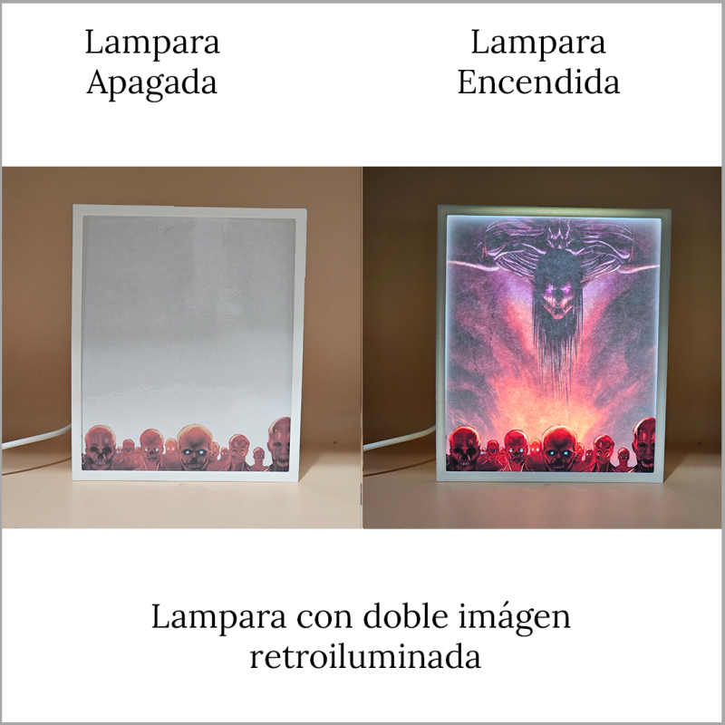 Lámpara ánime/manga  Shingeki no Kyojin  con doble imagen del personaje Eren Yeager, vista apagada y encendida, donde se revela la ilustración completa al encender la luz LED.
