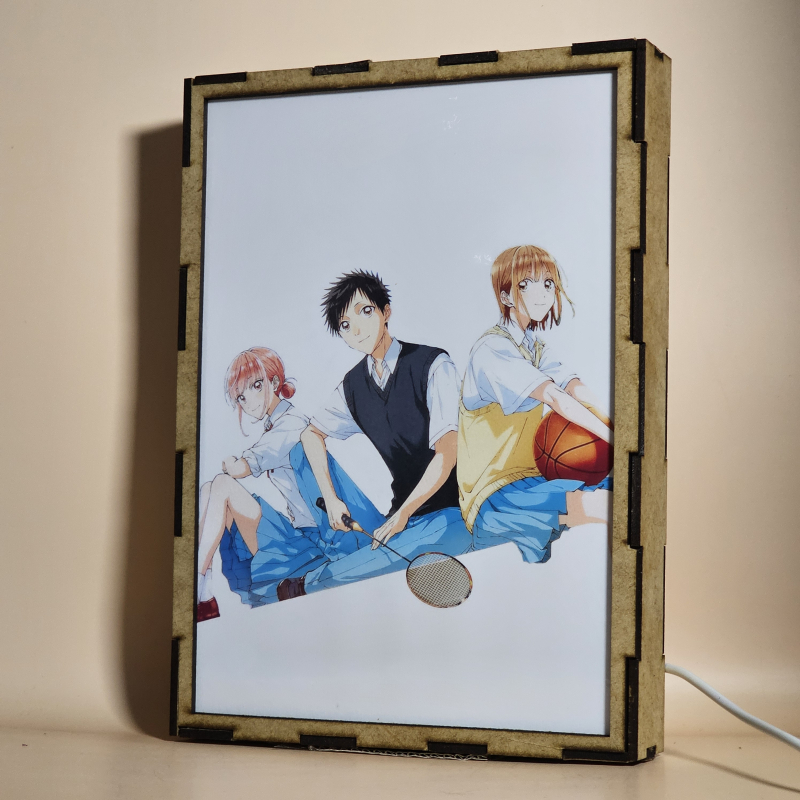 Lámpara ánime/manga  Blue Box  con doble imagen del grupo Taiki Inomata, Chinatsu Kano y Hina Chono, vista apagada, se esconde la imágen de atras.