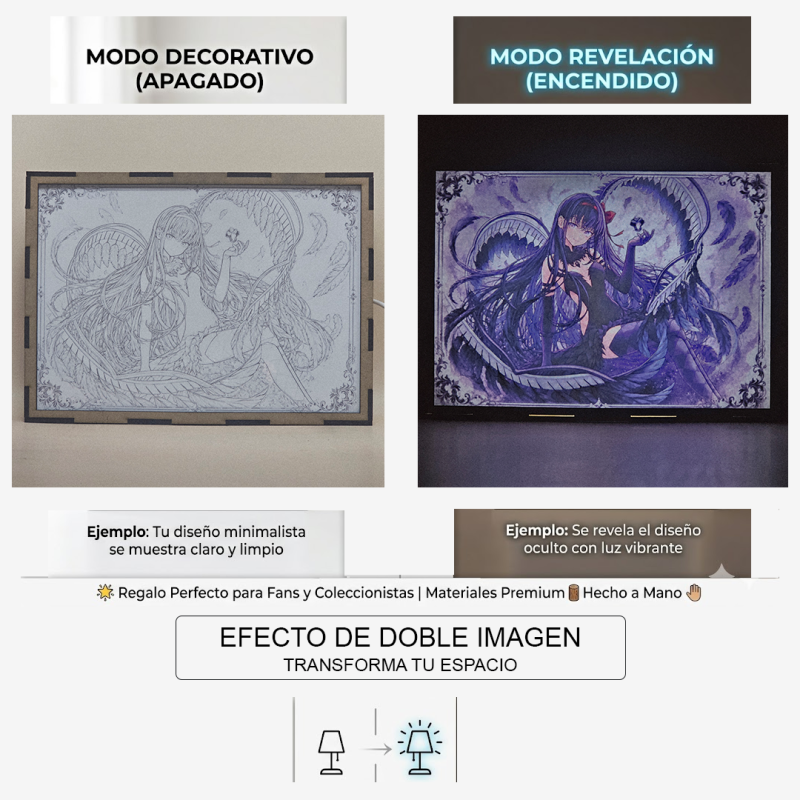Lámpara ánime/manga  Puella Magi Madoka Magica  con doble imagen del personaje Homura Akemi, vista apagada y encendida, donde se revela la ilustración completa al encender la luz LED.