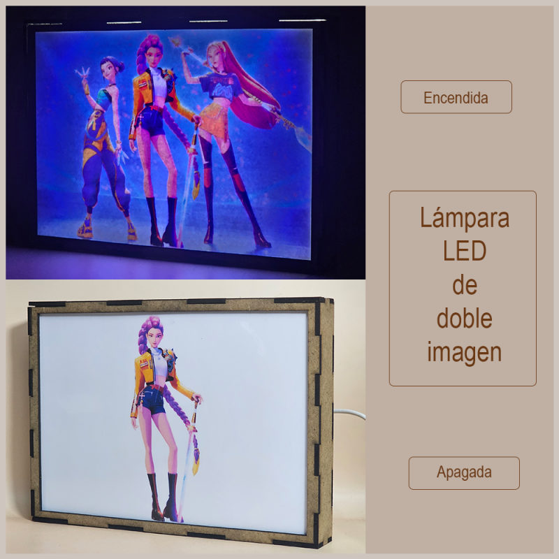 Lámpara ánime/manga  K-Pop Demon Hunters  con doble imagen del grupo Rumi, Zoey y Mira, vista apagada y encendida, donde se revela la ilustración completa al encender la luz LED.