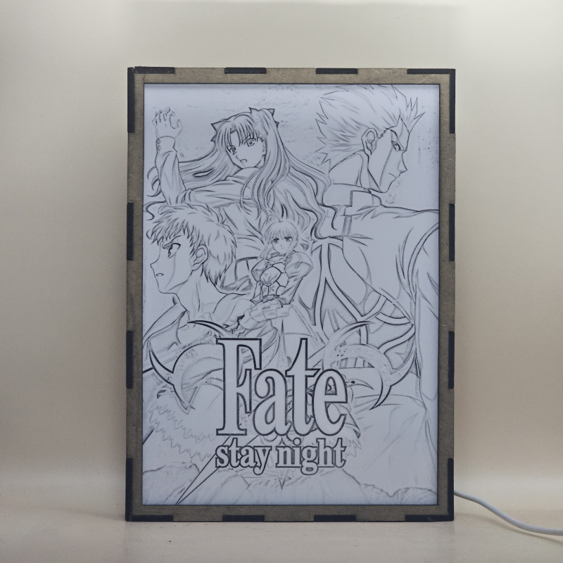 Lámpara ánime/manga  Fate/stay night  con doble imagen del grupo Shirou Emiya, Saber, Rin Tohsaka y EMIYA, vista apagada, se esconde la imágen de atras.