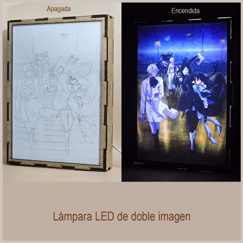 Lámpara ánime/manga  Vanitas no Carte  con doble imagen del grupo Vanitas, Noé Archiviste, Jeanne, Luca, Dominique de Sade y Murr, vista apagada y encendida, donde se revela la ilustración completa al encender la luz LED.