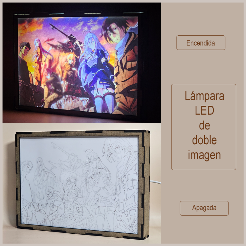 Lámpara ánime/manga  86: Eighty-Six  con doble imagen del grupo Shin, Lena, Theo, Kurena Kukumila, Anju Emma y Raiden Shuga, vista apagada y encendida, donde se revela la ilustración completa al encender la luz LED.