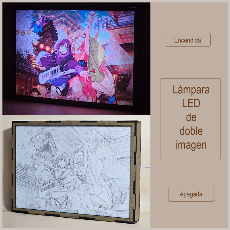 Lámpara ánime/manga  La princesa Kaguya del cosmos  con doble imagen del grupo Iroha Sakayori, Kaguya, Akira Mikado y Roka Ayatsumugi, vista apagada y encendida, donde se revela la ilustración completa al encender la luz LED.