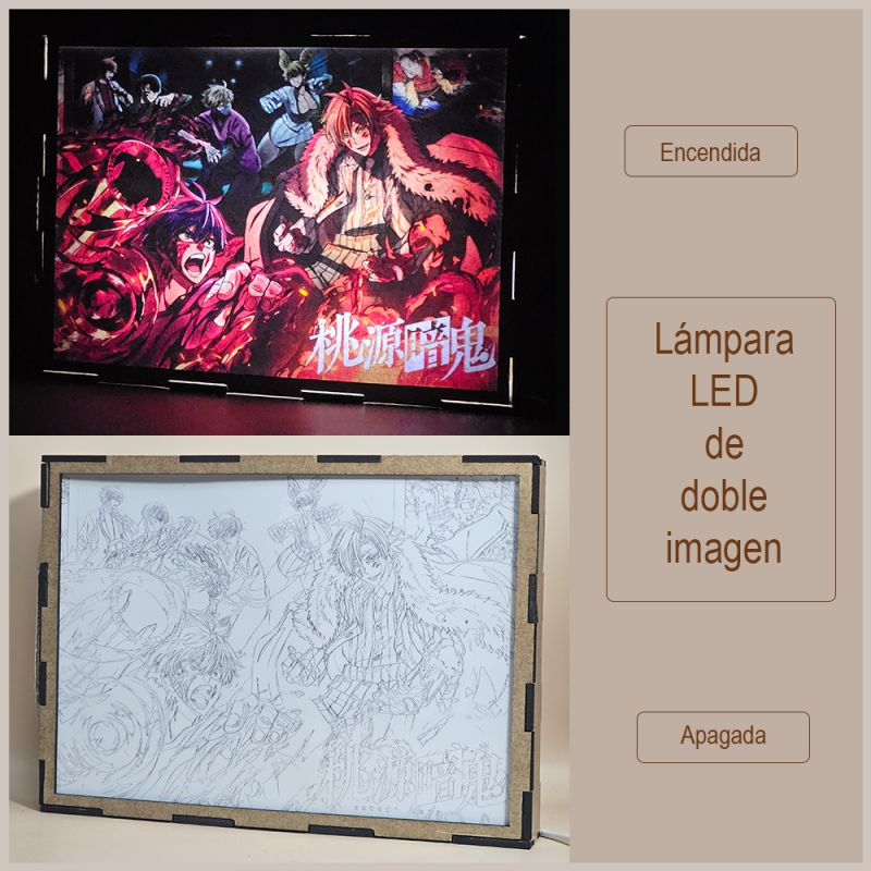 Lámpara ánime/manga  Tōgen Anki  con doble imagen del grupo Shiki Ichinose, Naito Mudano, Tsubakiri Momomiya, Jin Kougasaki, Yomogi Momokusa y Kyoya Oiranzaka, vista apagada y encendida, donde se revela la ilustración completa al encender la luz LED.