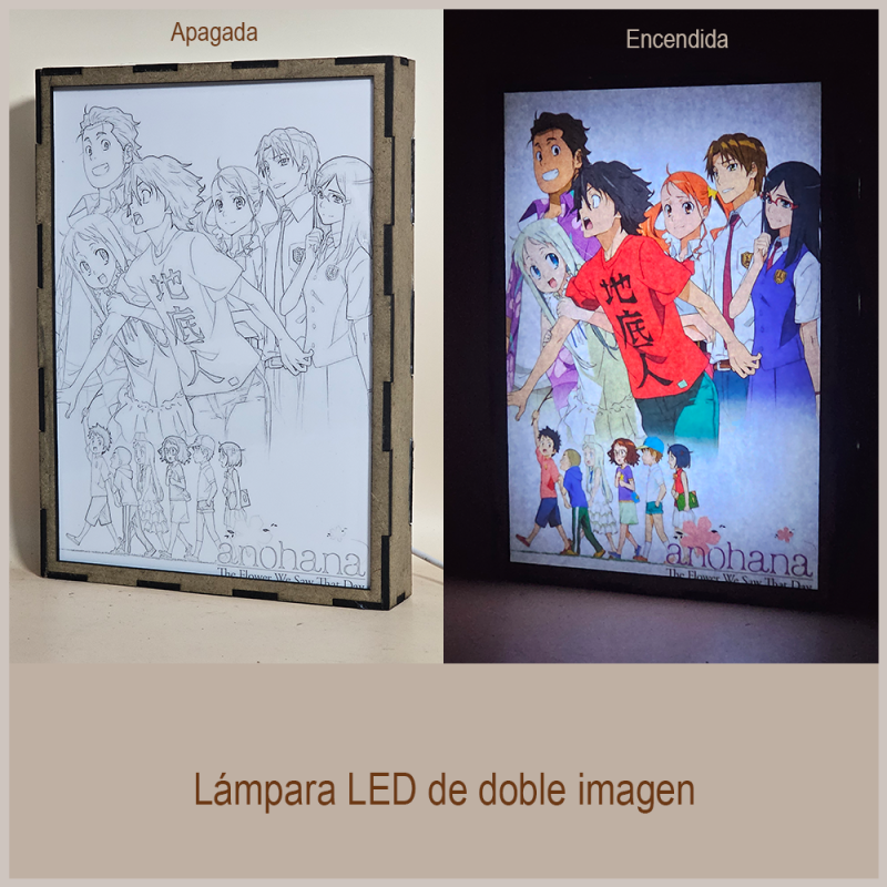 Lámpara ánime/manga  Anohana  con doble imagen del grupo Jintan, Menma, Anaru, Yukiatsu, Tsuruko y Poppo, vista apagada y encendida, donde se revela la ilustración completa al encender la luz LED.