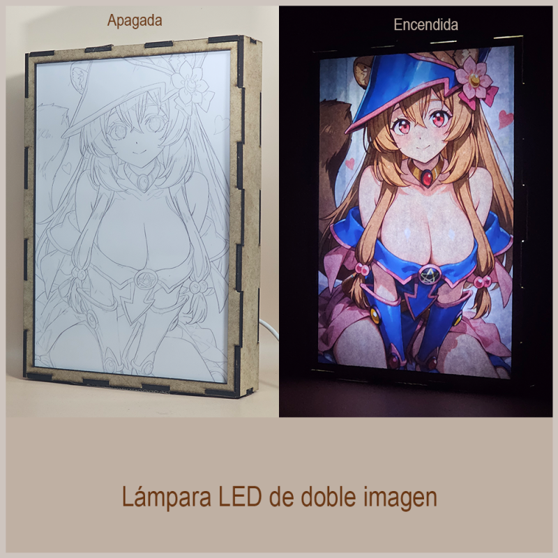 Lámpara ánime/manga  El héroe del escudo  con doble imagen del personaje Raphtalia, vista apagada y encendida, donde se revela la ilustración completa al encender la luz LED.
