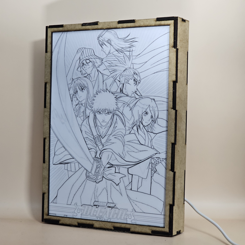 Lámpara ánime/manga  Bleach  con doble imagen del grupo Ichigo Kurosaki, Rukia Kuchiki, Orihime Inoue, Renji Abarai, Kisuke Urahara y Byakuya Kuchiki, vista apagada, se esconde la imágen de atras.