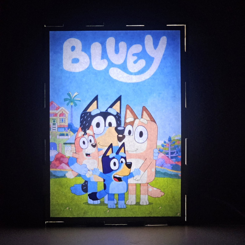 Lámpara ánime  Bluey  con doble imagen del grupo Bluey, Bingo, Chilli y Bandit, vista encendida, donde se revela la ilustración completa al encender la luz LED.