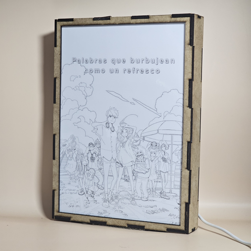 Lámpara ánime  Palabras que burbujean como un refresco  con doble imagen del grupo Yui Sakura y Yuki, vista apagada, se esconde la imágen de atras.