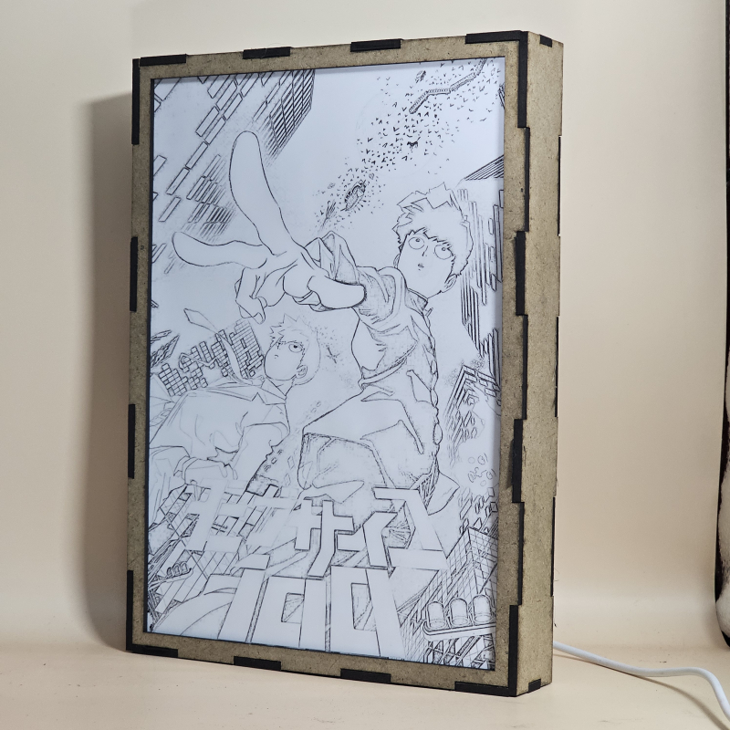 Lámpara ánime/manga  Mob Psycho 100  con doble imagen del grupo Shigeo Kageyama, Arataka Reigen y Ekubo, vista apagada, se esconde la imágen de atras.