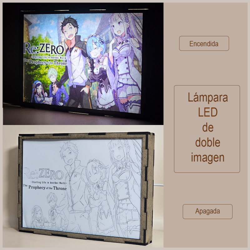 Lámpara ánime/manga  Re:Zero  con doble imagen del grupo Subaru Natsuki, Emilia, Rem, Melty Pristis y Tiga Rauleon, vista apagada y encendida, donde se revela la ilustración completa al encender la luz LED.