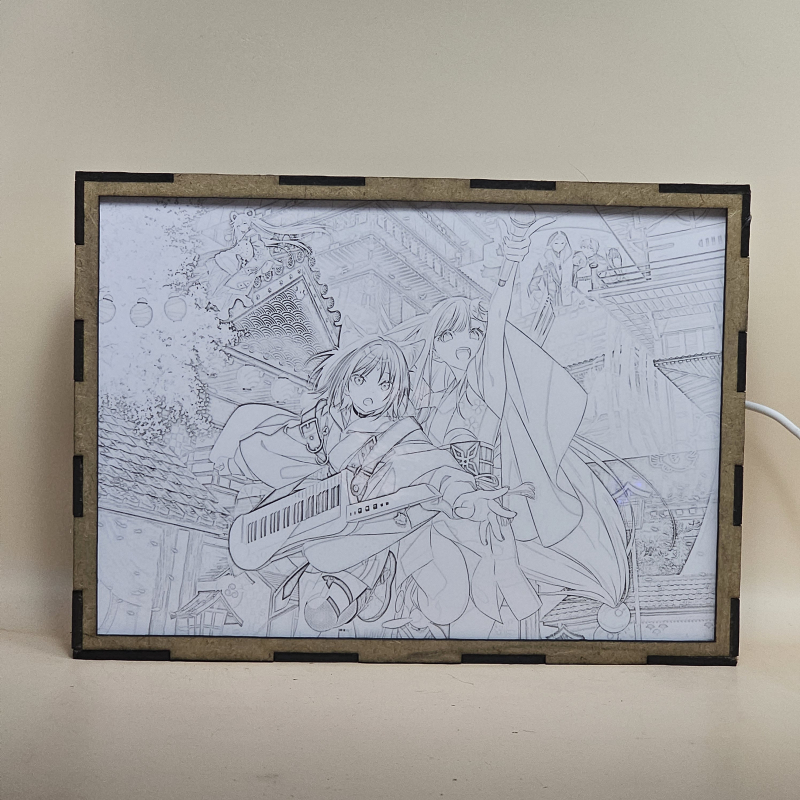 Lámpara ánime/manga  La princesa Kaguya del cosmos  con doble imagen del grupo Iroha Sakayori, Kaguya, Akira Mikado y Roka Ayatsumugi, vista apagada, se esconde la imágen de atras.