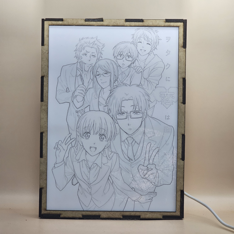 Lámpara ánime/manga  Wotakoi: El amor es difícil para los otakus  con doble imagen del grupo Hirotaka Nifuji, Hanako Koyanagi, Tarō Kabakura, Narumi Momose, Naoya Nifuji y Kō Sakuragi, vista apagada, se esconde la imágen de atras.