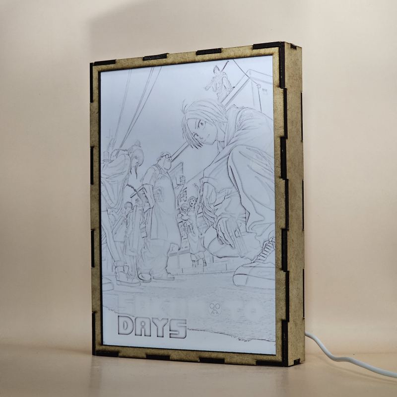 Lámpara ánime/manga  Sakamoto Days  con doble imagen del grupo Taro Sakamoto, Shin Asakura, Lu Shaotang, Yoichi Nagumo, Aoi Sakamoto, Hana Sakamoto y Heisuke Mashimo, vista apagada, se esconde la imágen de atras.