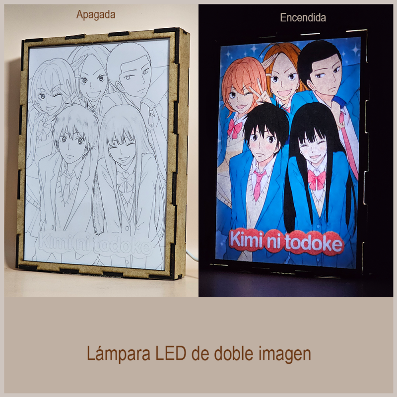 Lámpara ánime/manga  Kimi ni Todoke  con doble imagen del grupo Sawako Kuronuma, Shota Kazehaya, Ayane Yano, Chizuru Yoshida y Ryu Sanada, vista apagada y encendida, donde se revela la ilustración completa al encender la luz LED.