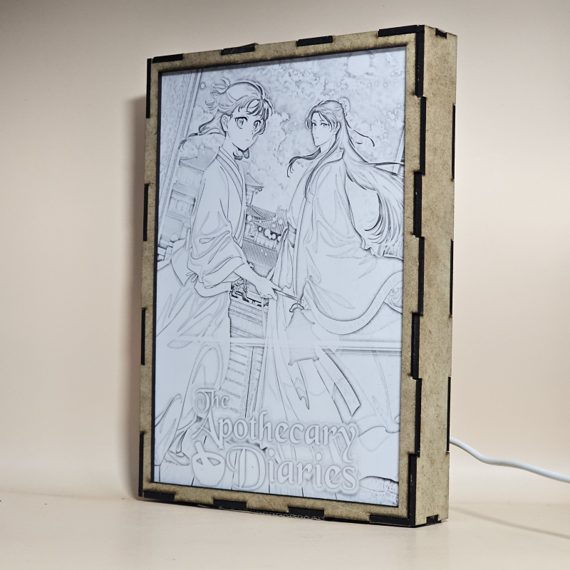 Lámpara ánime/manga  Los Diarios de la Boticaria  con doble imagen de la pareja Maomao y Jinshi, vista apagada, se esconde la imágen de atras.