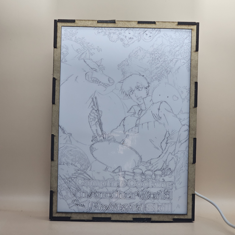 Lámpara ánime/manga  campfire cooking in another world with my absurd skill  con doble imagen del grupo Tsuyoshi Mukōda, Fel, Sui, Ninlil, Agni, Kishar y Rusalka, vista apagada, se esconde la imágen de atras.