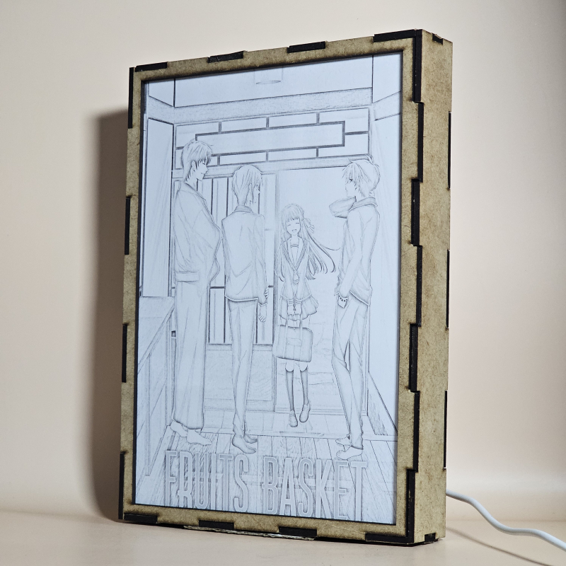 Lámpara ánime/manga  Fruit Basket  con doble imagen del grupo Tohru Honda, Yuki Sohma, Shigure Sohma y Kyo Sohma, vista apagada, se esconde la imágen de atras.